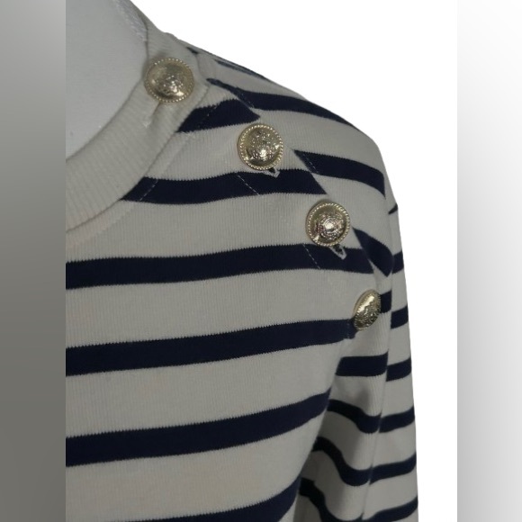 Cotton DEREK LAM IO Navy & Cream Knit Top Sweater Shirt Designer Gold Buttons SM - Picture 5 of 11
